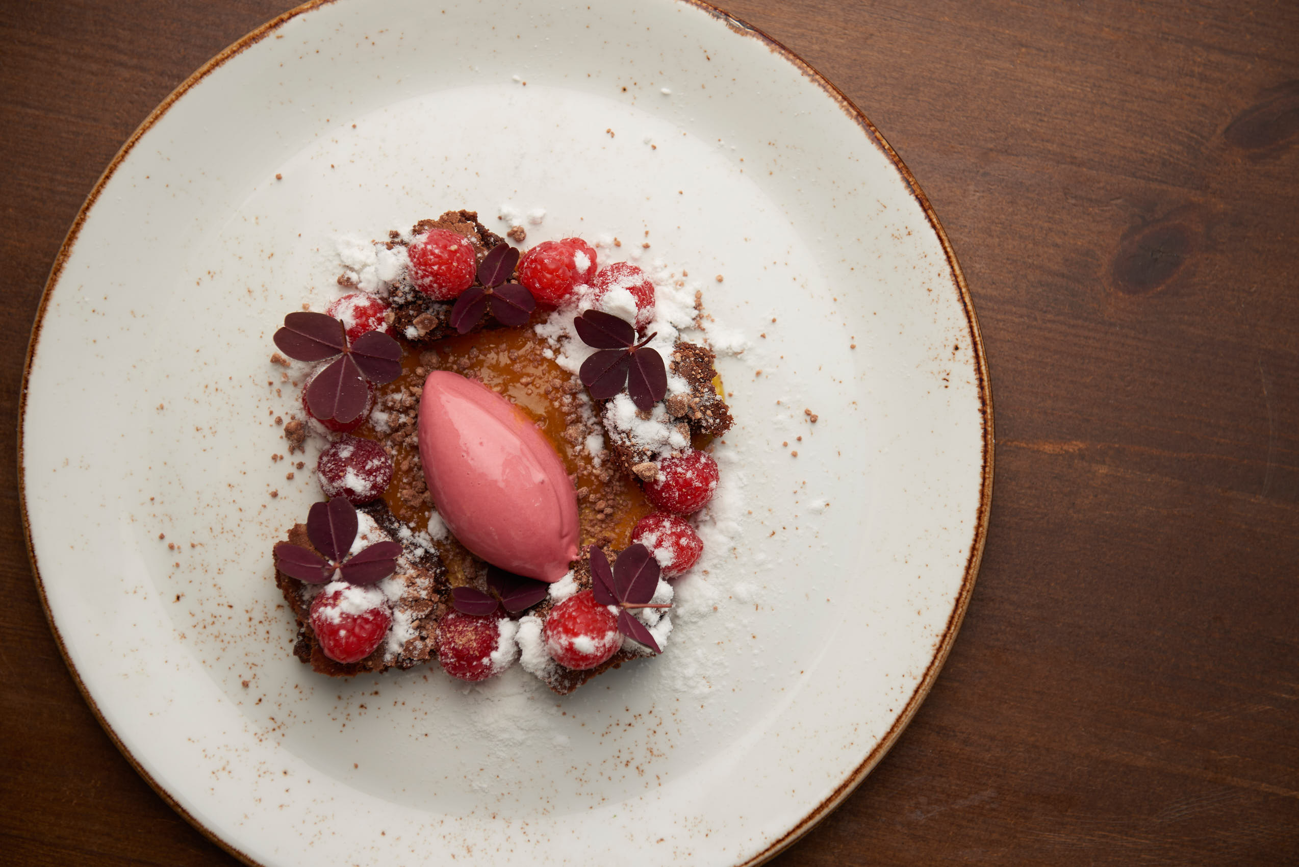 Sorbet ice cream with rasberry and french chocolatdessert with berries photo by Marcel Tiedje